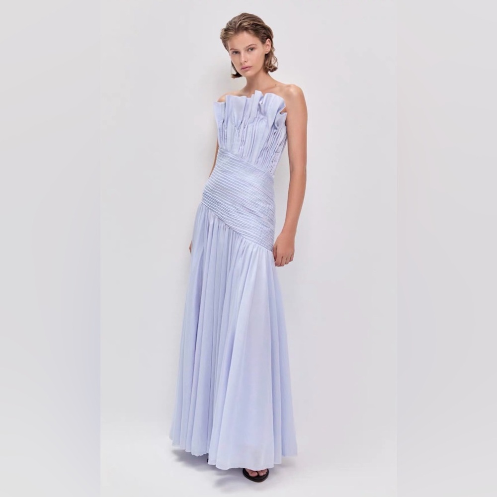 Aje Pale Lavender Strapless Pleated Maxi Dress